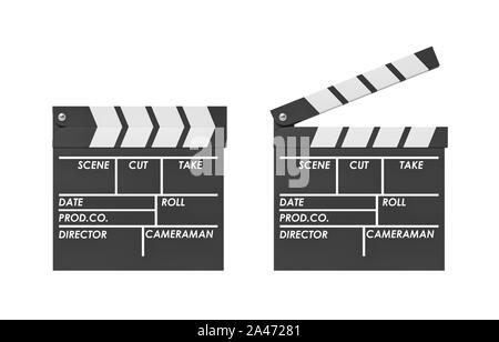 3d rendering of a black clapperboard with empty fields for movie name open and closed. Shooting movies. Trying for Oscars. Best director. Stock Photo