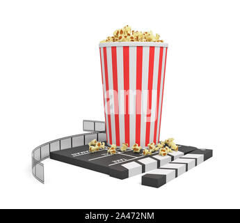 3d rendering of a full popcorn bucket standing on an empty clapperboard and a film strip on white background. Going to movies. Movie theater and cinem Stock Photo