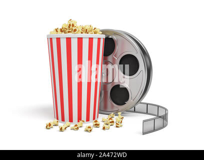 3d rendering of a video reel with video film aand big bucket full of popcorn. Watching movies. Leisure and culture. Video art. Stock Photo