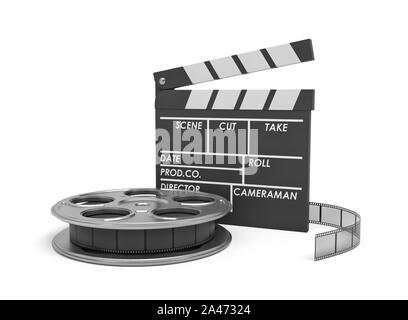 3d rendering of a video reel aand black clapperboard with empty fields on white background. Shooting new movies. Cameramen and directors. Cinema maker Stock Photo