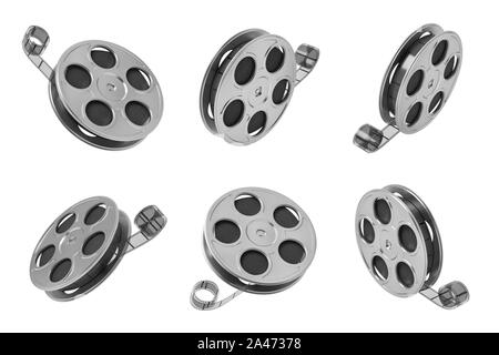 3d rendering of six black movie tape reels in different angles on white background. Old school cinema. First movies. Motion picture. Stock Photo