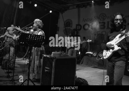 Paban Das Baul performs on a stage. He is known for pioneering traditional Baul music on the international music scene and for establishing a genre of Stock Photo