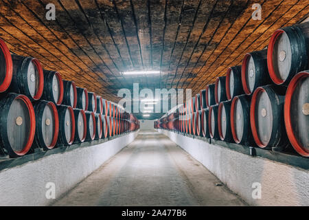 Wine barrels inside the undeground tunnels of a famouse Cricova winery in Moldova Stock Photo