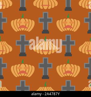 Halloween Decoration Seamless Pattern with Natural Pumpkin and Gravestone Isolated on Orange Background Stock Vector