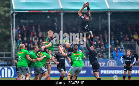 Calum Clark of Saracens takes the high ball during the Premiership Rugby Cup match between Saracens and Harlequins at the Allianz Park, London, England on 12 October 2019. Photo by Phil Hutchinson. Editorial use only, license required for commercial use. No use in betting, games or a single club/league/player publications. Credit: UK Sports Pics Ltd/Alamy Live News Stock Photo