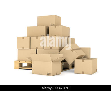 3d rendering of several carton boxes stacked evenly on a double-decked pallet on white background. Packaging and delivery. Cargo services. Loading goo Stock Photo