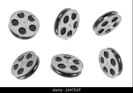 3d rendering of six black movie tape reels in different angles on white background. Old school cinema. First movies. Motion picture. Stock Photo