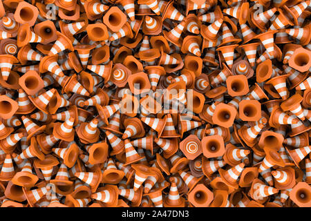 3d rendering of endless pile of orange plastic traffic cones. Road pylons and warning. Traffic safety. Background Stock Photo