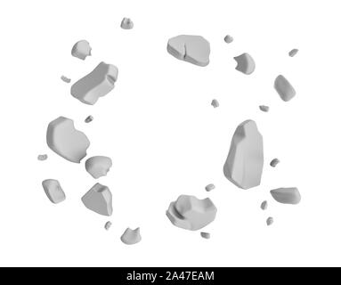 3d rendering of grey pieces of plaster wall hanging in the air on white background. Construction and demolition. Failure and destruction. Broken piece Stock Photo