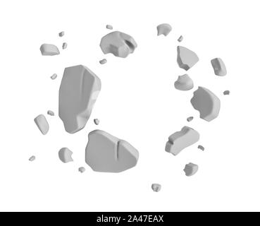 3d rendering of grey pieces of plaster wall hanging in the air on white background. Construction and demolition. Failure and destruction. Broken piece Stock Photo