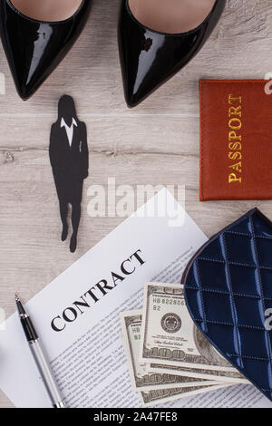 Contract, pen and wallet with american dollars. Stock Photo