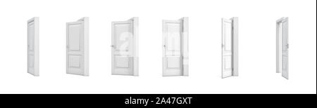 3d rendering set of white wooden doors in different stages of opening. Entrance and doorways. Indoor interior. Closed and open way. Stock Photo