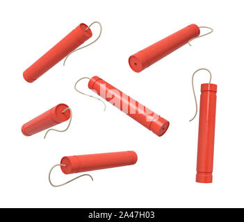 3d rendering of red TNT dynamite sticks isolated on white background. Cartoon style design. illustration. Explosive materials. Stock Photo