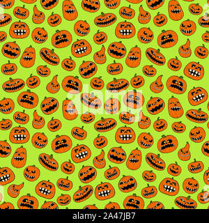 Seamless tileable design of orange halloween pumpkin pattern on green background. Stock Photo