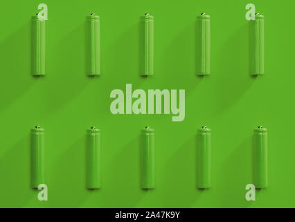 Top view green AAA alkaline batteries colorful pop art style flat lay photo pattern - green energy concept Stock Photo