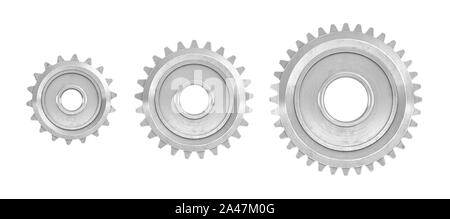 3d rendering of three straight gears of different sizes in front view isolated on a white background. Machinery parts. Gearbox. Spur and straight gear Stock Photo