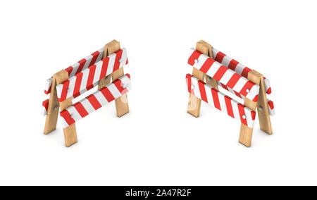 3d rendering of a white and red traffic chevron sign on a wooden stand in double-sided isometric view. Road safety. Construction. Traffic and transpor Stock Photo