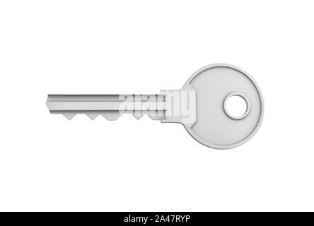 3d rendering of a single silver key for a pin tumbler lock isolated on white background. Lock and key. Safety and protection. Security and insurance. Stock Photo