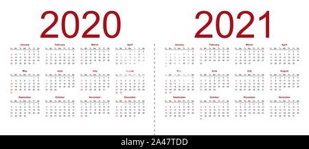 Set of minimalist calendars, years 2020 2021, weeks start Sunday. Isolated vector illustration on white background. Stock Vector