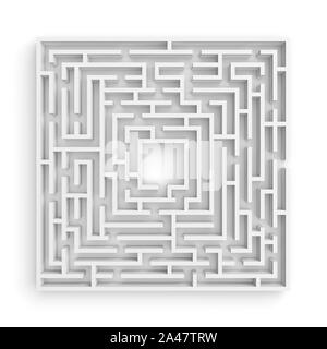 3d rendering of a white square maze on white background in front view. Mazes and labyrinths. Secrets and puzzles. Problems and solutions.