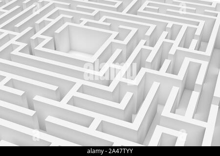 3d rendering of a white square maze in close up view on white background. Mazes and labyrinths. Secrets and puzzles. Problems and solutions.