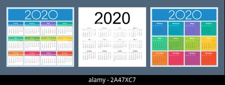 Calendar 2020. Colorful set. Russian language. Week starts on Monday. Saturday and Sunday highlighted. Vector template collection. Basic grid. Isolate Stock Vector
