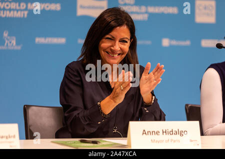 COPENHAGEN, DENMARK – OCTOBER 11, 2019:  Anne Hidalgo, Mayor of Paris, France, during the ‘Mayors and Youth Activist’ press conference at the C40 World Mayors Summit. During the press conference young activist explained what they expect of the grown-up politicians. More than 90 mayors of some of the world’s largest and most influential cities representing some 700 million people meet in Copenhagen from October 9-12 for the C40 World Mayors Summit. The purpose with the summit in Copenhagen is to build a global coalition of leading cities, businesses and citizens that rallies around radical and Stock Photo