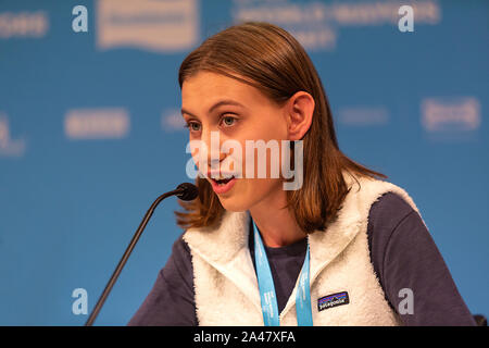 COPENHAGEN, DENMARK – OCTOBER 11, 2019:  Alexandria Villaseñor, climate activists within the ‘Fridays for Future’ movement, New York, USA, speaks at the ‘Mayors and Youth Activist’ press conference at the C40 World Mayors Summit.  During the press conference young activist explained what they expect of the grown-up politicians. More than 90 mayors of some of the world’s largest and most influential cities representing some 700 million people meet in Copenhagen from October 9-12 for the C40 World Mayors Summit. The purpose with the summit in Copenhagen is to build a global coalition of leading Stock Photo