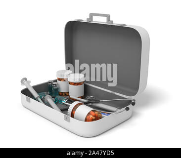 3d rendering of opened first aid medical box with pills jars and medical devices isolated on white background. Healthcare industry. Medical supplies. Stock Photo