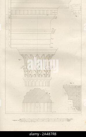 Fig 1 Chapiteau et entablement de l'un des portiques de la Tour Fig2Fragment des denticules de la corniche de cet entabl - Stuart James & Revett Nicholas - 1808. Stock Photo