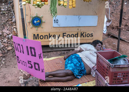 Chon Buri, Thailand - March 16, 2019: Homeless obese woman sleeps on mat on ground in front of Burapha University. Monkey Food Kiosk selling fast food Stock Photo