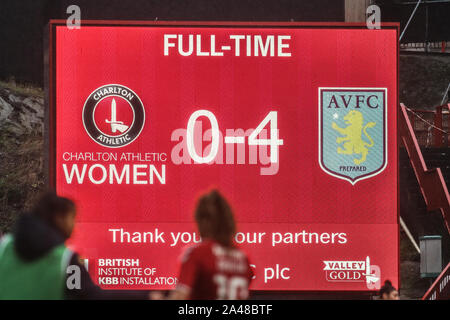 London, UK. 12th Oct, 2019. LONDON, UNITED KINGDOM OCTOBER 12. The full time score of FA Women's Championship between Charlton Athletic and Aston Villa at The Valley Stadium, London, UK on 12 October 2019 Credit: Action Foto Sport/Alamy Live News Stock Photo