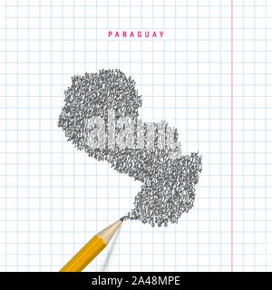 Paraguay sketch scribble map drawn on checkered school notebook paper background. Hand drawn vector map of Paraguay. Realistic 3D pencil. Stock Vector