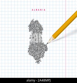 Albania sketch scribble map drawn on checkered school notebook paper background. Hand drawn vector map of Albania. Realistic 3D pencil. Stock Vector