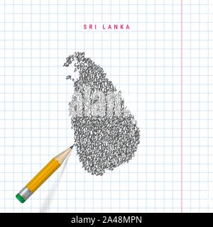 Sri Lanka sketch scribble map drawn on checkered school notebook paper background. Hand drawn vector map of Sri Lanka. Realistic 3D pencil with rubber Stock Vector