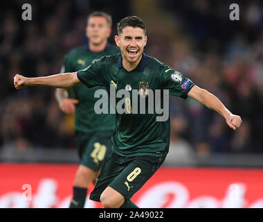 Rome, Italy. 12th Oct, 2019. Italy's Jorginho celebrates his goal during the UEFA Euro 2020 qualifier Group J soccer match between Italy and Greece in Rome, Italy, Oct 12, 2019. Credit: Alberto Lingria/Xinhua/Alamy Live News Stock Photo