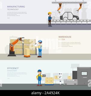 Set of warehoue banners with worker in process vector illustration Stock Vector