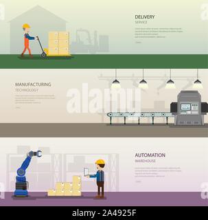 Set of warehoue banners with worker in process vector illustration Stock Vector