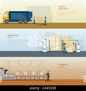 Set of warehoue banners with worker in process vector illustration Stock Vector