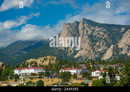 The Stanley Hotel in Estes Park, Colorado on a sunny day. Stock Photo