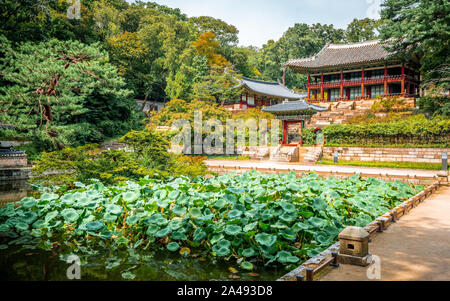 Huwon secret garden view at Changdeokgung Palace with view of Buyongji pond and Juhamnu Pavilion in Seoul South Korea