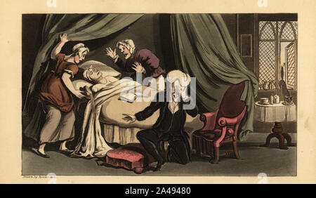 Regency parson at his wife's deathbed. Servants react in shock while the doctor falls to his knees in grief. Dr. Syntax lamenting the loss of his wife. Handcoloured copperplate engraving drawn and engraved by Thomas Rowlandson from William Combe’s The Tour of Doctor Syntax in Search of Consolation, Rudolph Ackermann, London, 1820. Stock Photo