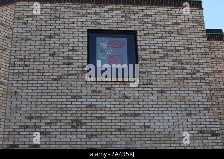 St. Louis, Missouri / USA - October 12, 2019: IMO's Pizza logo on a brick wall. Imo's Franchising, Inc is one of St' Louis' largest food chains of piz Stock Photo