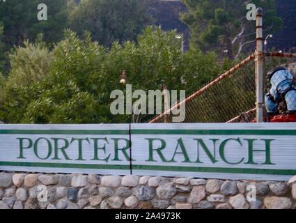 Sylmar, California, USA. 12th Oct, 2019. Porter Ranch sign and burnt hillside beyond, near Gas Company. Credit: Amy Katz/ZUMA Wire/Alamy Live News Stock Photo