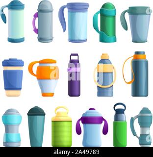 Vacuum insulated water bottle icons set. Cartoon set of vacuum insulated water bottle vector icons for web design Stock Vector