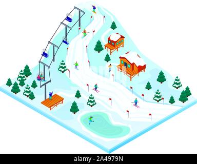 Ski resort concept banner. Isometric illustration of ski resort vector concept banner for web design Stock Vector