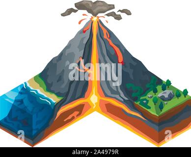 Volcano structure concept banner. Isometric illustration of volcano structure vector concept banner for web design Stock Vector