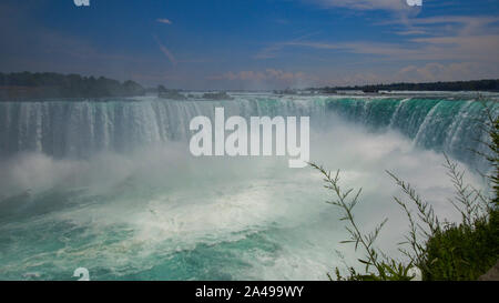 View of the impressive Niagara Falls. Horseshoe falls from the Canadian side of the falls. Massive water falls under the cloudy sky. Spume of splash Stock Photo