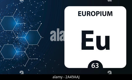 Europium 63 element. Alkaline earth metals. Chemical Element of Mendeleev Periodic Table. Europium in square cube creative concept. Chemical, laborato Stock Photo