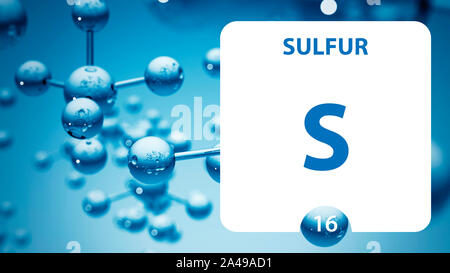 Sulfur S, chemical element sign. 3D rendering isolated on white background. Sulfur chemical 16 element for science experiments in classroom science ca Stock Photo